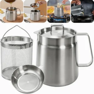 68 Oz 304 Stainless Steel Oil Filter Pot with Basket and Strainer |